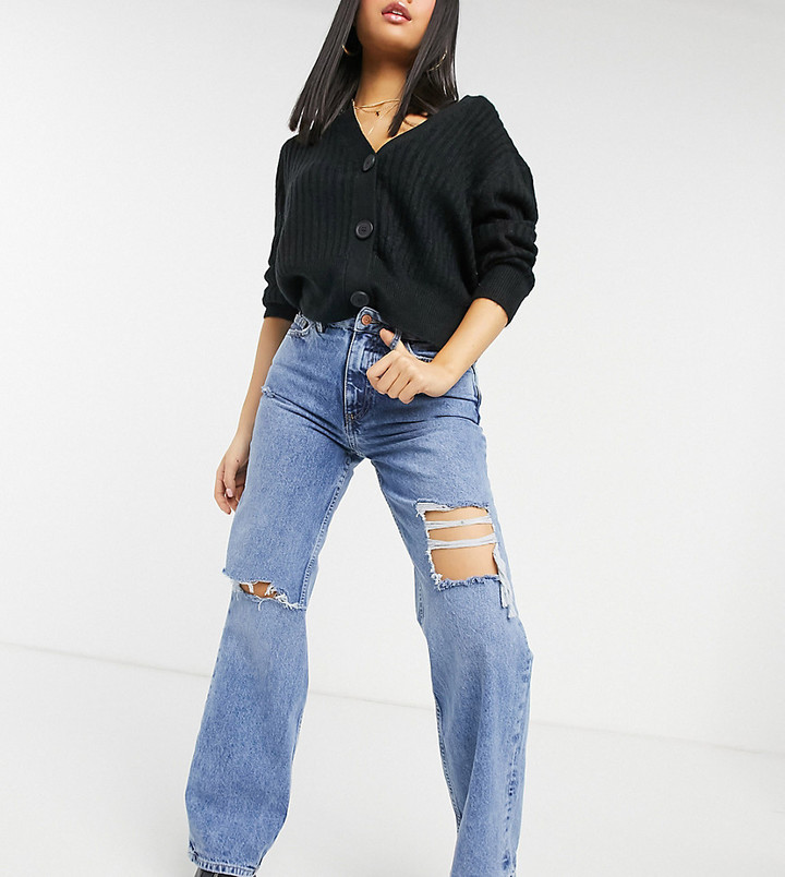 New Look Petite ripped baggy jeans in blue - ShopStyle