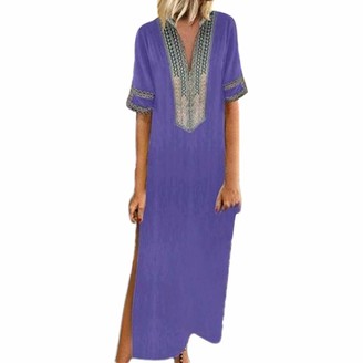 Sonojie Clearance sale Women’s Fashion Nature Boho Loose Printed Short Sleeve V-Neck National Style Maxi Dress Hem Baggy Kaftan Long Dress Purple
