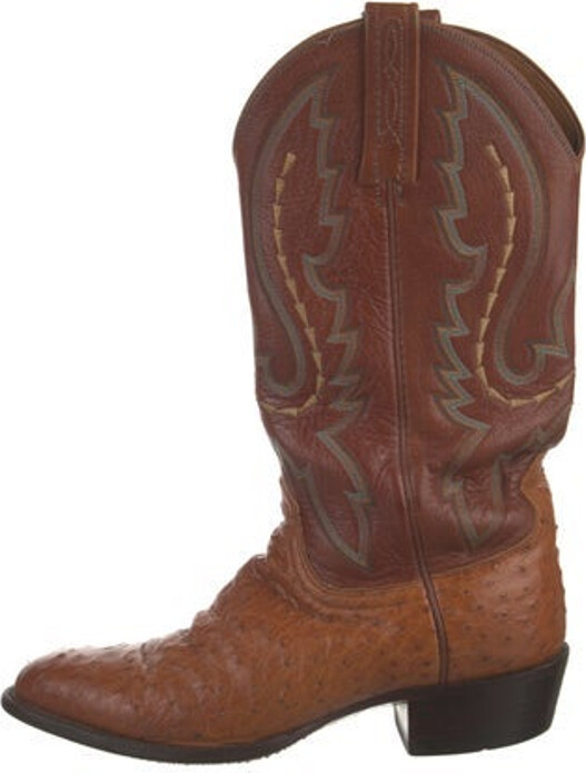 Lucchese Ostrich Mid-Calf Western Boots Brown Patterned Ostrich Trim Round-Toes with Embroidered Accent Designer