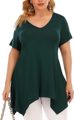 LAOJIA Womens Short Sleeve Tops Plus Size Flowy Summer T Shirts Casual Blouses  Tunic Tops for Leggings Dark Green 2XL - ShopStyle