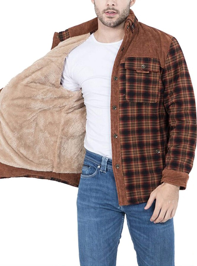 AAP Men Padded Lumberjack Check Plaid Jacket Fur Lined Long Sleeve Button  Down Flannel Fleece Sherp Jackets M Red Brown - ShopStyle
