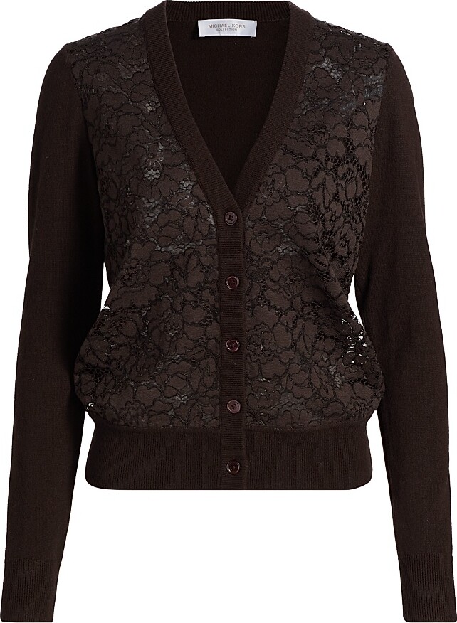 Michael Kors Collection Women's Lace & Cashmere V-Neck Cardigan - Chocolate - Size XS