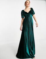 Thumbnail for your product : ASOS DESIGN twist back empire waist velvet pleated maxi dress in forest green