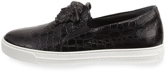 Versace Palazzo Idol Crocodile-Embossed Leather Slip-On Sneaker, Black