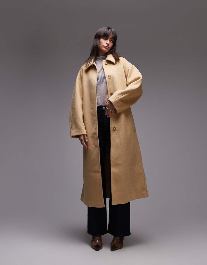 Topshop belted long line formal coat in buttermilk