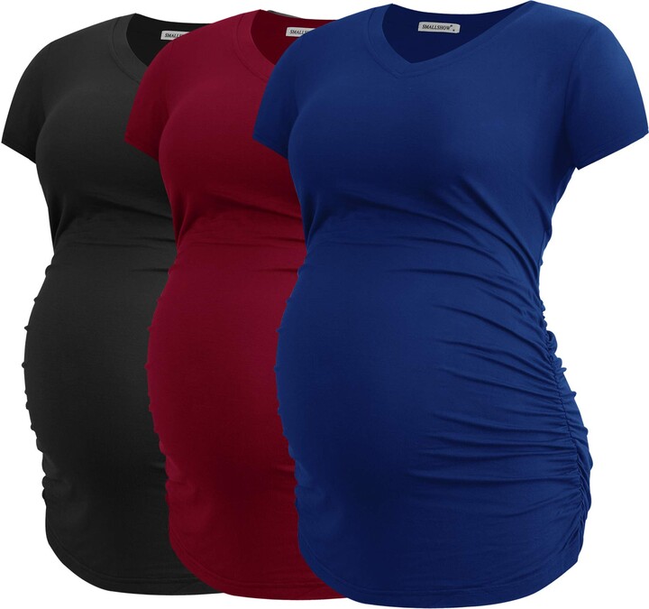Smallshow Womens V Neck Maternity Clothes Tops Side Ruched Pregnancy T Shirt 3-Pack 
