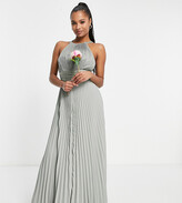 Thumbnail for your product : ASOS Petite ASOS DESIGN Petite Bridesmaid pleated pinny maxi dress with satin wrap waist in olive