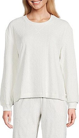 Cable Knit Print Velour Long Sleeve Crew Neck Coordinating Sleep Top