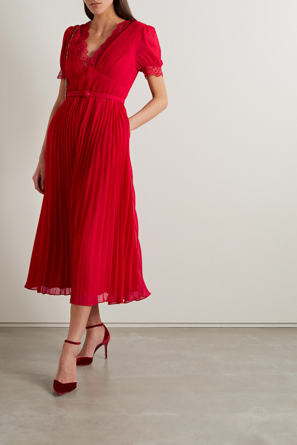 Self-Portrait Belted Lace-trimmed Pleated Chiffon Midi Dress - Red -  ShopStyle