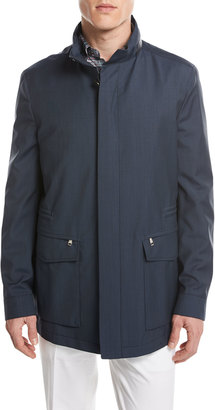 Brioni Micro-Check Wool Field Jacket, Blue