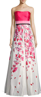 David Meister Strapless Solid & Floral Satin Gown, Pink/White
