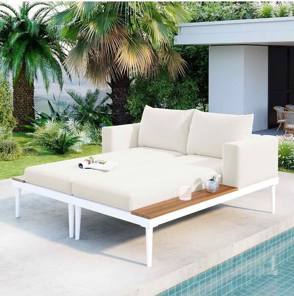 MAYEERTYOutdoorDaybedPatioMetalwithWoodToppedSideSpacesforDinks2in1PaddedChaiseLoungesforPoolsideBalconyDeckBeige