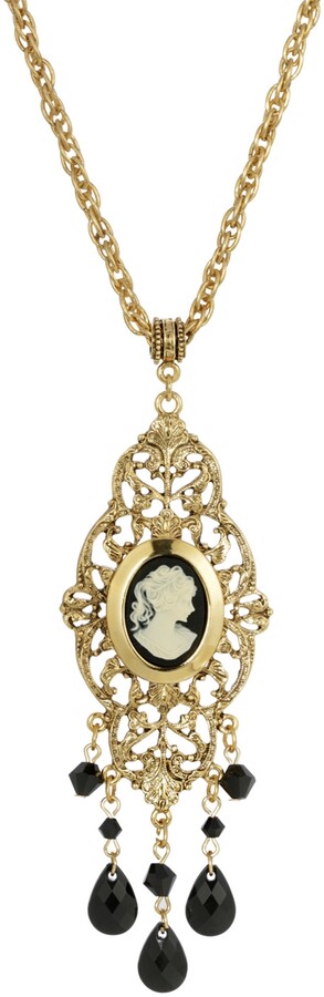2028 Women's Gold Tone Black Oval Cameo Locket Necklace