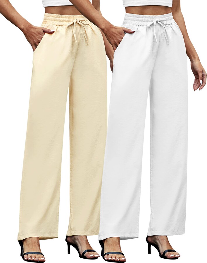 SCUSTY Women's Summer Cotton Linen Wide Leg Pants Drawstring High Waist Palazzo  Flowy Beach Trousers with Pockets(Apricot-XS) at  Women's Clothing  store