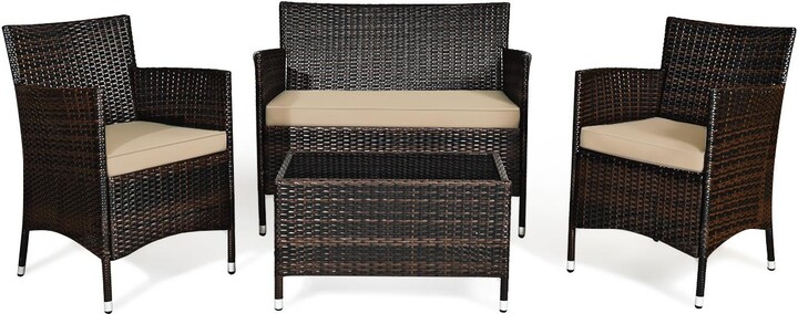 Sugift 4 Pieces Comfortable Outdoor Rattan Sofa Set with Glass Coffee Table