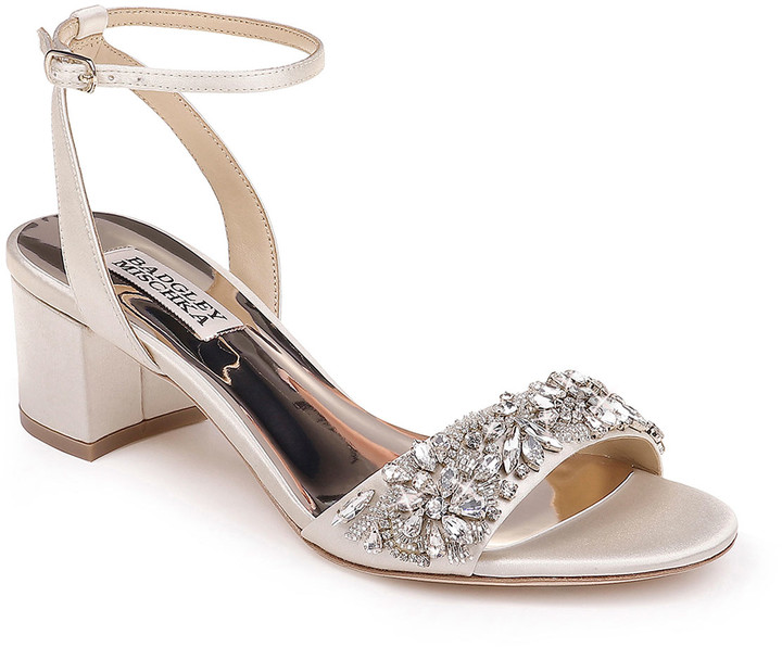 embellished satin block heel sandals