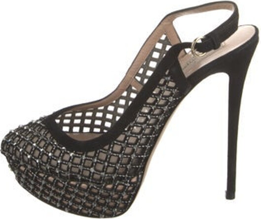 Valentino Suede Slingback Pumps Black Crystal & Mesh Accents Round-Toes Platform Designer