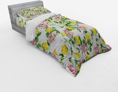 Ambesonne Green/Pink/Yellow Microfiber Farmhouse/Country Duvet Cover Set