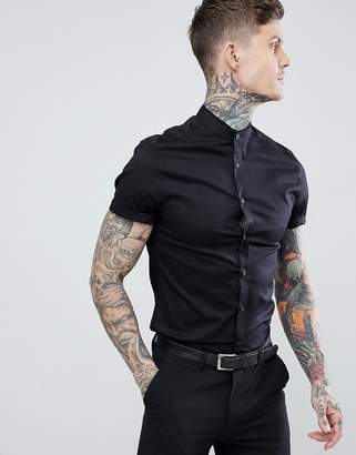 ASOS Design DESIGN skinny fit shirt with lace trim and grandad collar