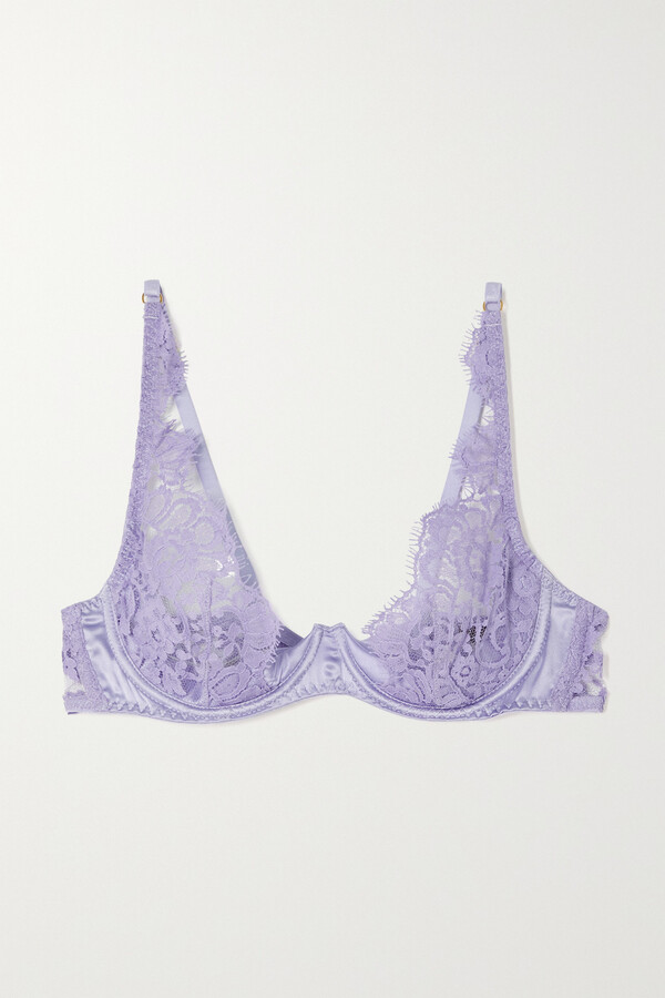 Chantilly Lace-trimmed Stretch-silk Satin Push-up Bra In Purple