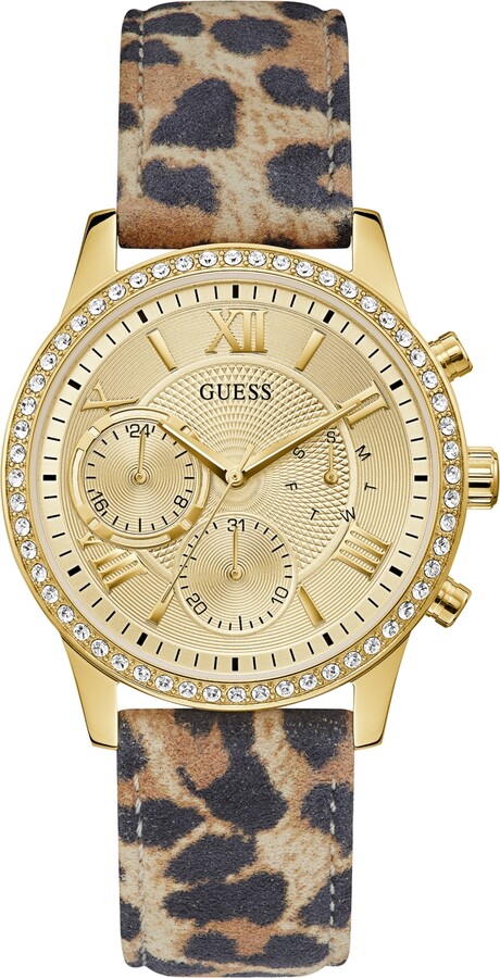 GUESS Women's Gold-Tone Glitz Animal Print Genuine Leather Strap  Multi-Function Watch, 40mm - ShopStyle