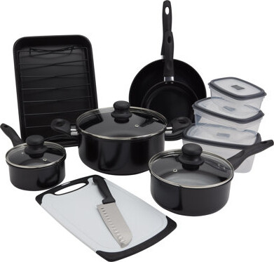 Basic Essentials 18-Piece Nonstick Aluminum Cookware Set with Roaster and Removable Rack
