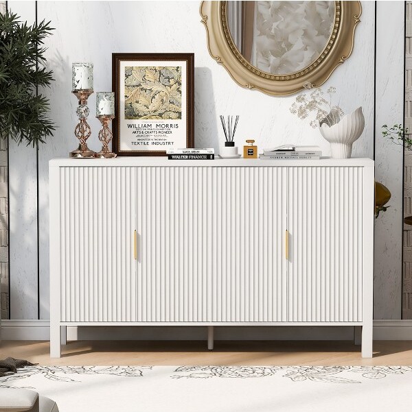 LOVSON57.5''StripedDoorStorageCabinetwithBackShelfandSideHooksAdjustableShelfSideboardSuitableforLivingRoomandDiningRoomWhite