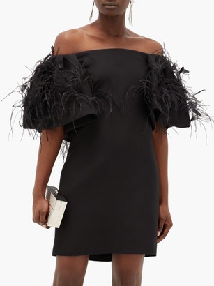 Valentino Off-the-shoulder Feather-trimmed Wool-blend Dress - Black