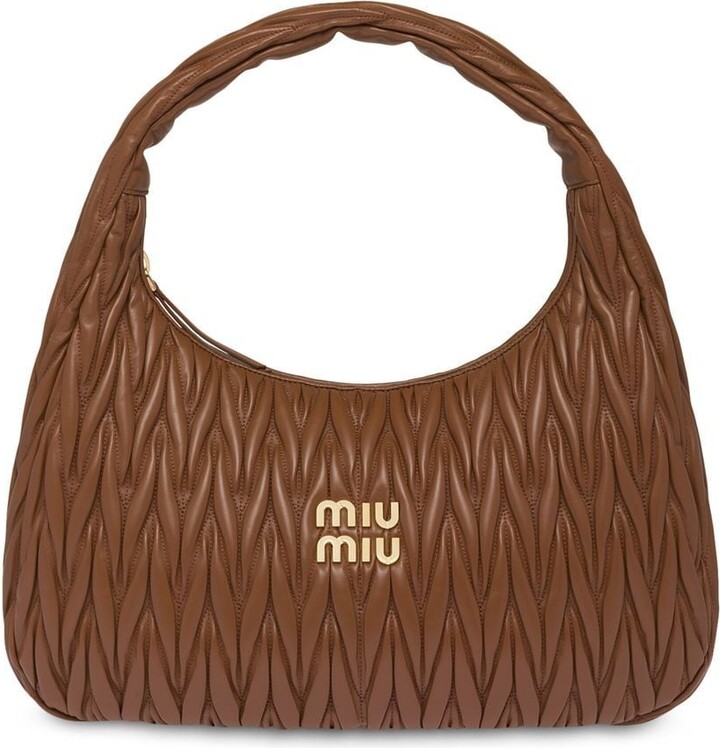 Miu Miu Logo-plaque Matelassé Shoulder Bag In Neutrals