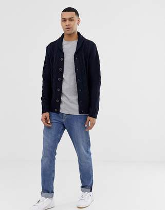 Brave Soul Shawl Neck Cardigan In Cable Knit-Navy