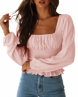 YBENLOVER Women's Smocked Top Square Neck Tops Long Sleeve Chiffon Vintage Crop  Blouse Pink - ShopStyle