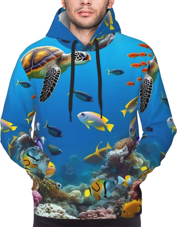 Mosytuky Colorful Coral Reef Print Men'S Hooded Sweatshirts Long Sleeve Sweatshirt With Pocket-Small Black