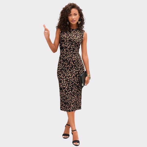 Lascana Women'sHighNeckFittedDress BrownMultiGeometric6