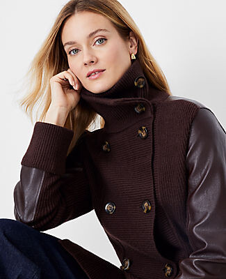 Ann Taylor Petite Faux Leather Trim Coatigan - ShopStyle Sweaters
