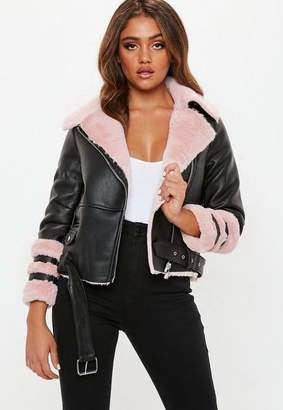 Missguided Petite Black Faux Fur Aviator Jacket, Pink