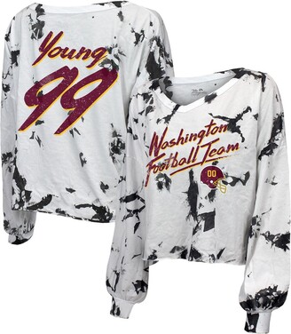 Majestic Women's Threads Chase Young White Washington Commanders Off-Shoulder Tie-Dye Name and Number Long Sleeve V-Neck Crop-Top T-shirt