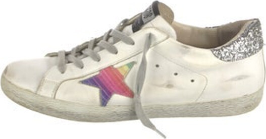 Golden Goose Superstar Low Top Sneakers White Leather Rubber Trim Distressed & Glitter Accents Round-Toes Lace-Up Closure at Uppers Designer
