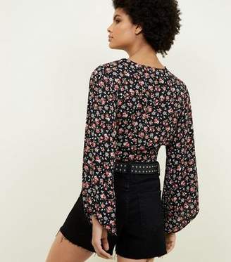 New Look Black Floral Tie Side Wrap Front Top