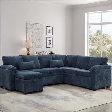 Latitude Run 97 Inch L-Shaped Corner Sectional Sofa Couch With Seat And Storage Ottoman,Chenille Fabric Corner Couch With 7 Seats & 2 Pillows For Living Room, Dark