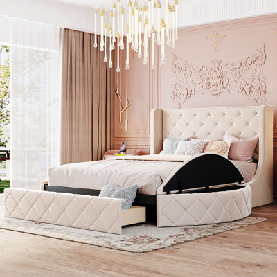 yenlacy Upholstered Platform Bed Queen Size Storage Velvet Bed With Wingback Headboard And 1 Big Drawer2 Side Storage Stool