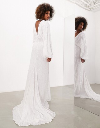 ASOS EDITION ASOS DESIGN Lennox sequin blouson sleeve wedding dress with  train in ivory - IVORY - ShopStyle