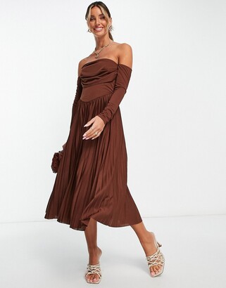 ASOS DESIGN off the shoulder corset detail pleated midi dress in chocolate  - ShopStyle
