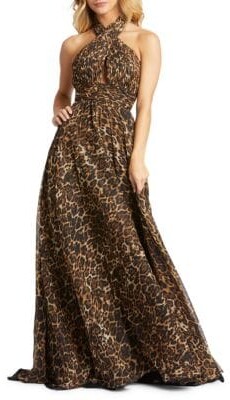 Mac Duggal Halterneck Cheetah-Print Gown