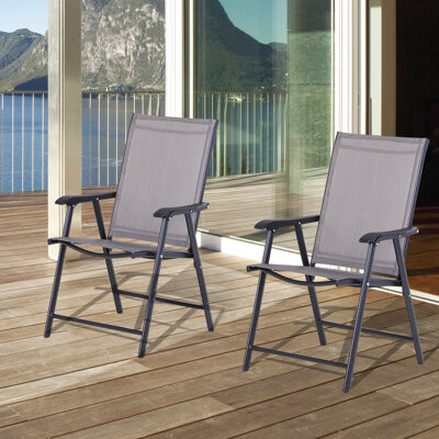 Latitude Run Set Of 2 Patio Folding Chairs Stackable Outdoor Sling Patio Dining Chairs With Armrests For Lawn Camping Dining Beach Metal Frame No Assembly G