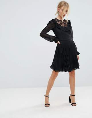 Elise Ryan Long Sleeve Skater Dress with Frill Detail And Pleated Skirt