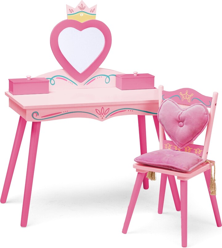 Howcool Kids Princess Wooden Vanity Table and Chair Set for Girls, Pink