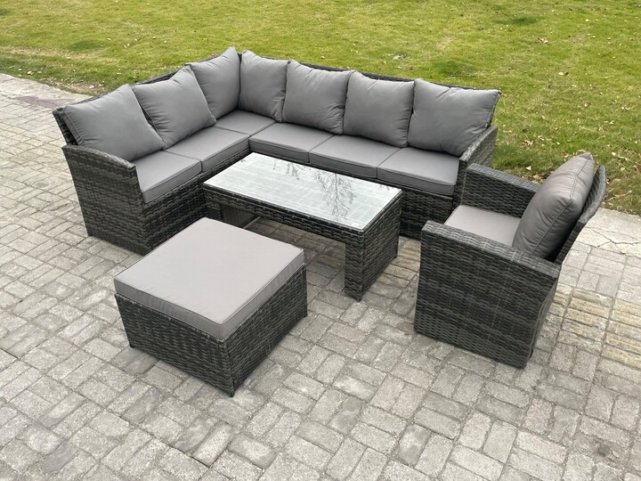 Fimous Rattan Garden Furniture Sets High Back Corner Sofa Oblong Coffee