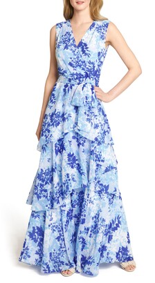 Tahari Floral Print Belted Tiered Chiffon Gown