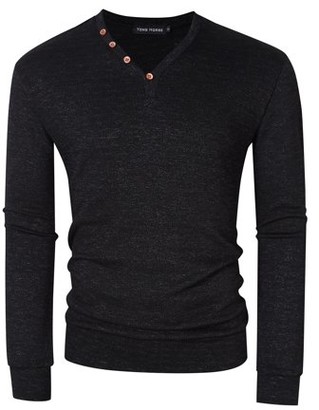 Lintimes Men's Leisure Slim Fit Long Sleeve Pullover V Neck Henley Shirt with 4-Button Decor Color:Black Size:2XL
