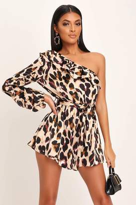 I SAW IT FIRST Brown Satin Leopard Print One Shoulder Playsuit